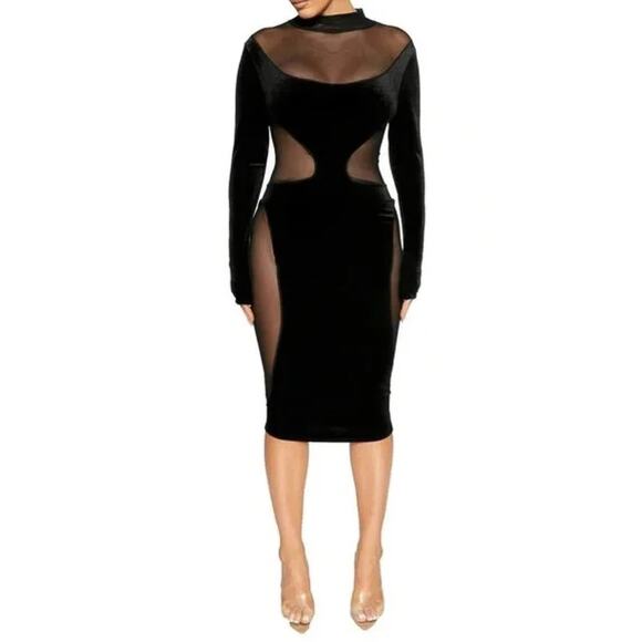 Naked Wardrobe Black Velvet Mesh Long Sleeve Midi Dress Cocktail‎ Party Date XS - Picture 1 of 13
